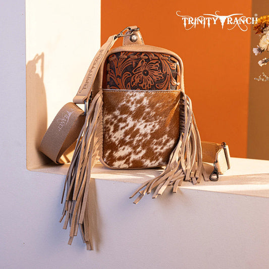 Trinity Ranch Genuine Hair-On Cowhide Tooled Fringe Sling Bag