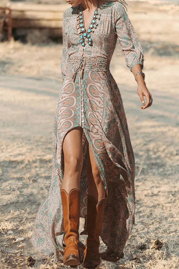 V Neck Printed Summer Maxi Dress