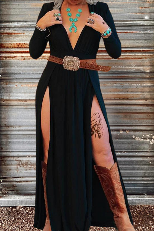 Long Sleeves Plunging Neck Split Thigh Dress