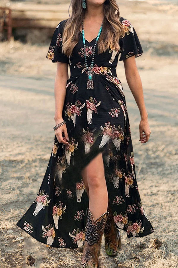 Floral Print V Neck Midi Dress