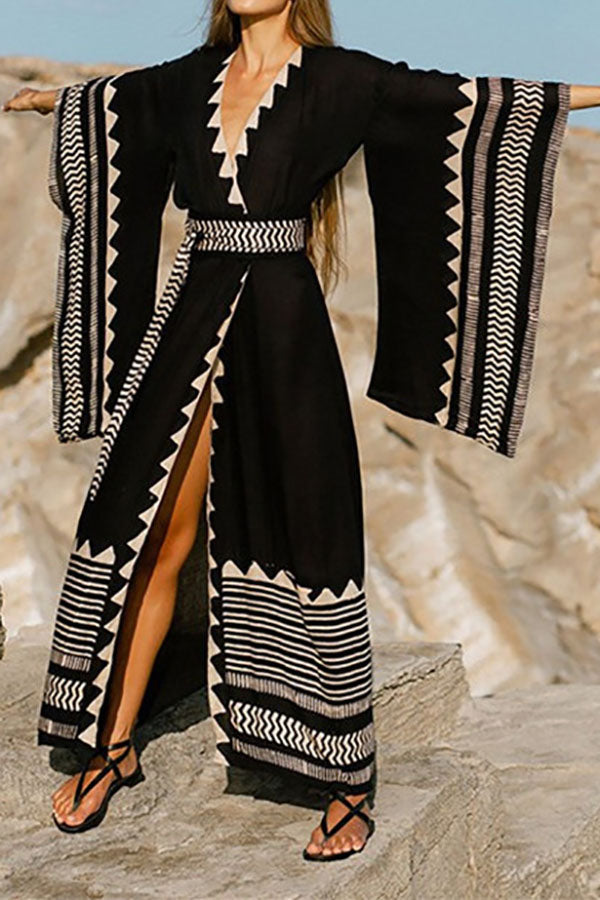 Long Wrap Black Tribal Open Kimono Dress