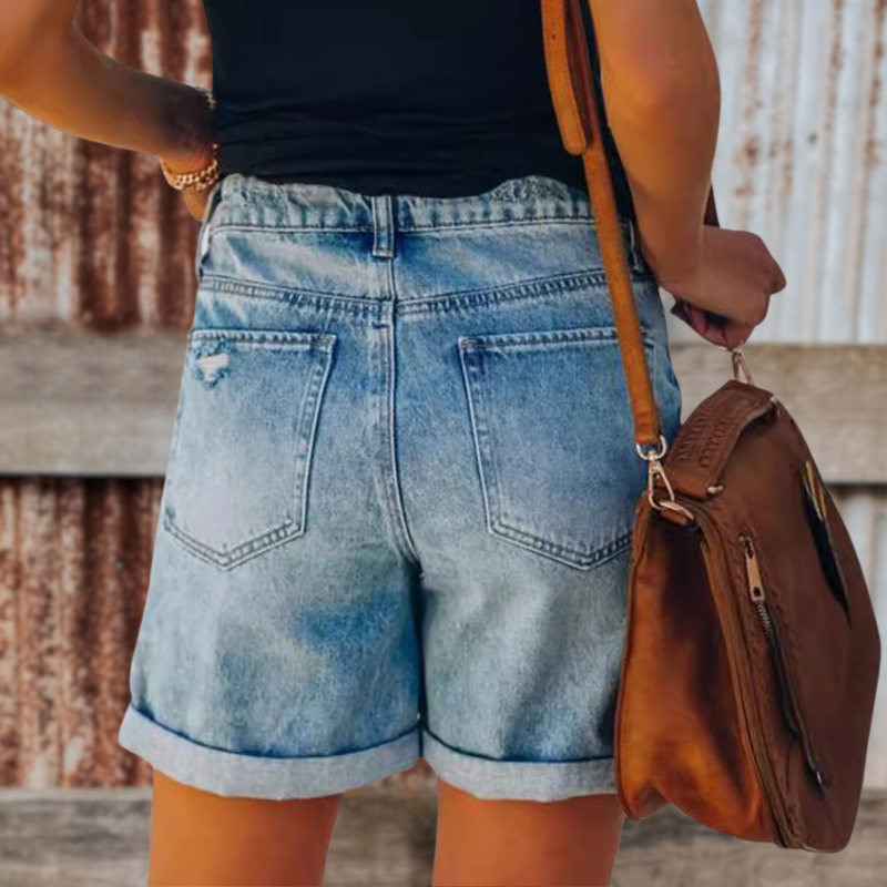 High Rise Straight Rolled Up Denim Shorts