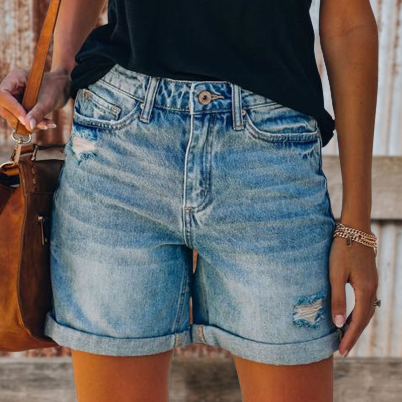 High Rise Straight Rolled Up Denim Shorts