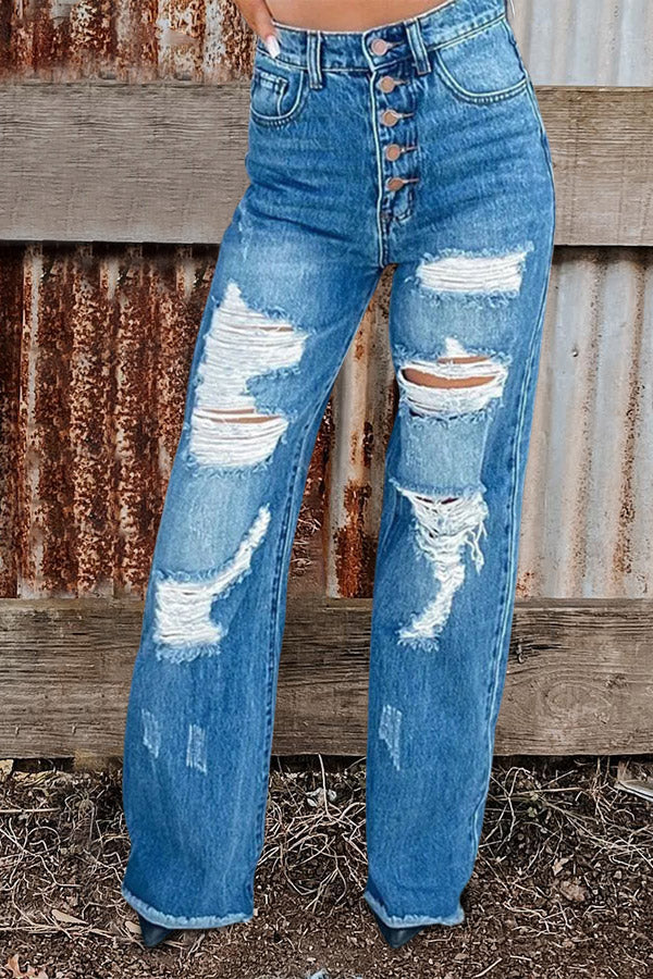 Ripped Casual Wide-Leg Jeans