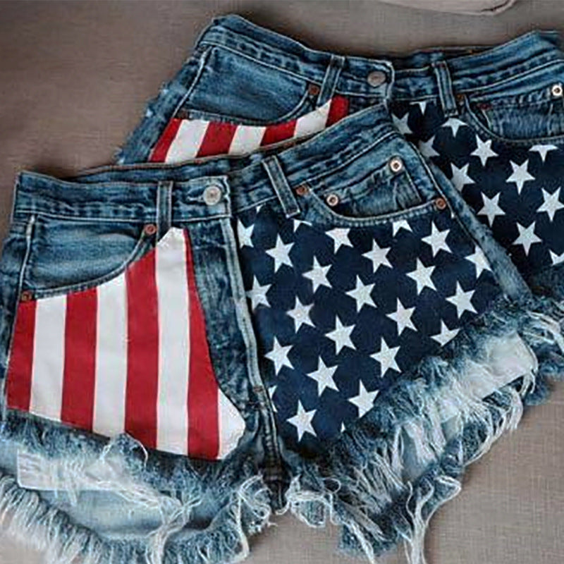 Patriotic Flag Tassel Star Denim Shorts