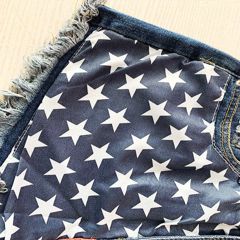 Patriotic Flag Tassel Star Denim Shorts