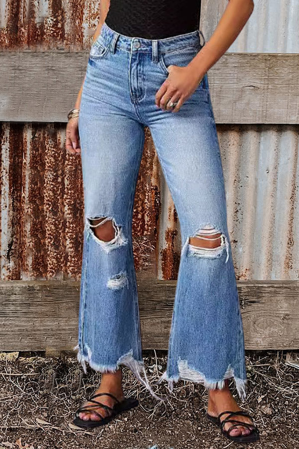 90's Vintage Flare Ripped Fringe Jeans