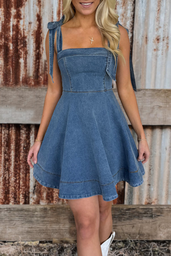 Lace-Up Waistband Distressed Denim Dress