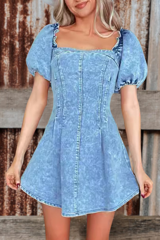 Square Neck Puff Sleeve Denim Dress