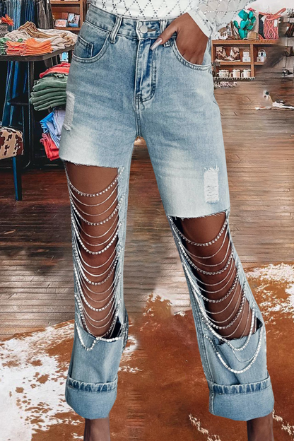 Chain Charm Ripped Jeans