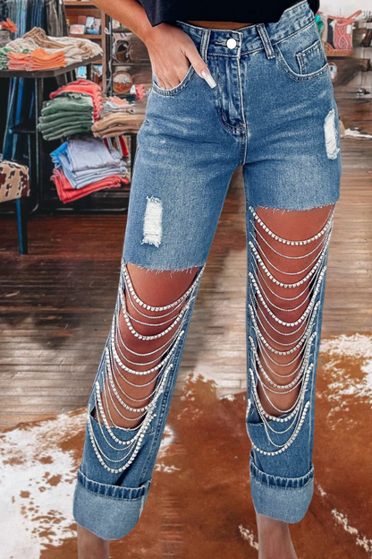 Chain Charm Ripped Jeans