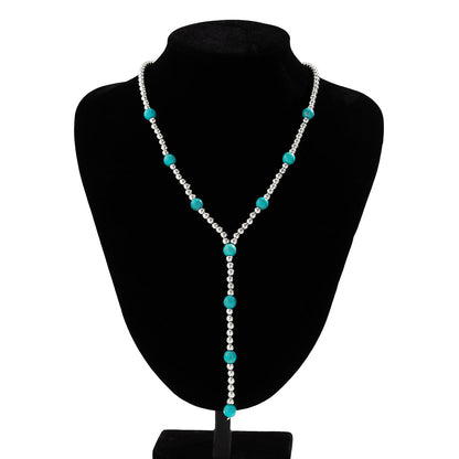 Turquoise Beaded Long Tassel Necklace