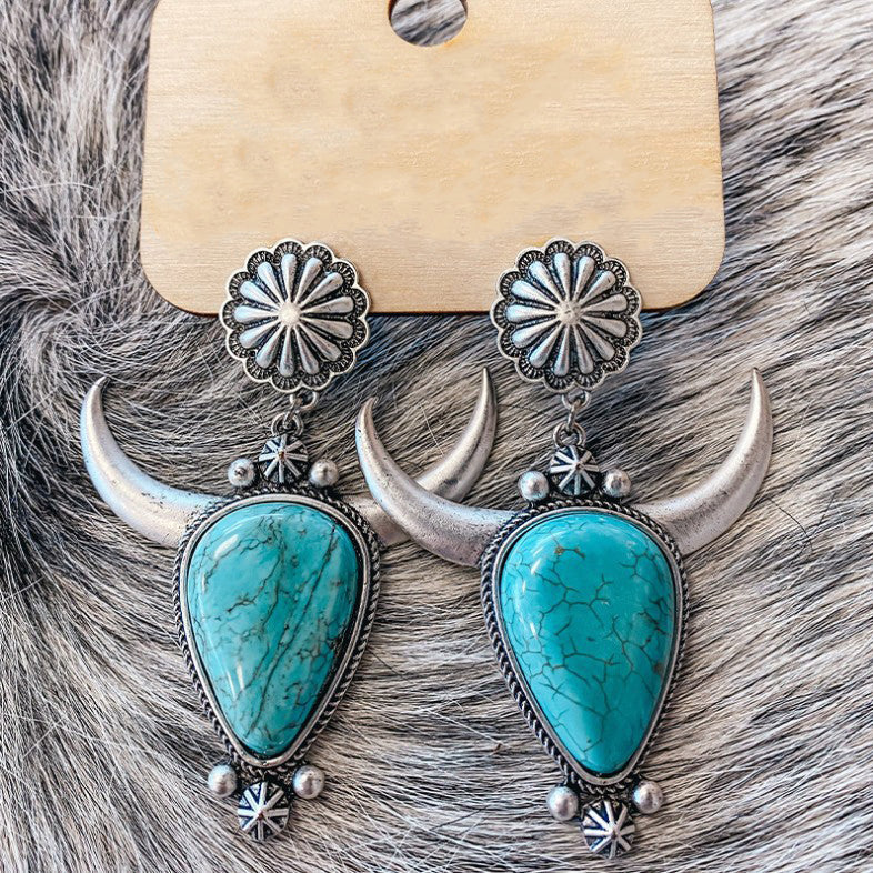 Western Turquoise Bull Head Earrings