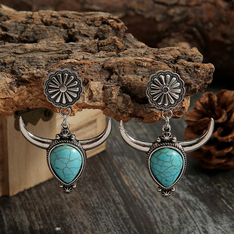 Western Turquoise Bull Head Earrings