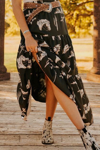 Cowgirl Horse Black Ruffled Maxi Skirt