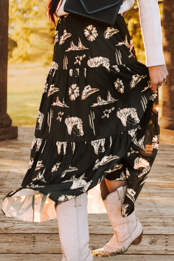 Cowgirl Horse Black Ruffled Maxi Skirt