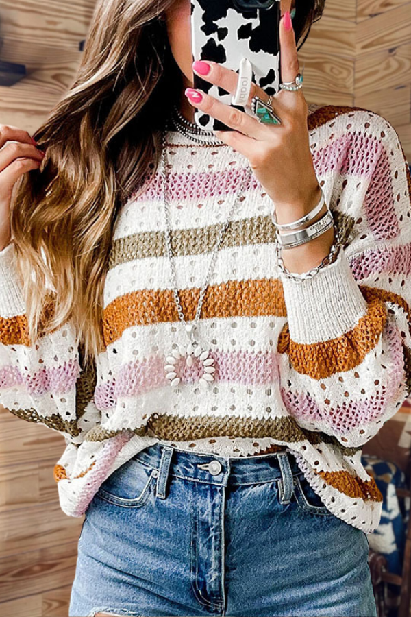 Triped Hollowed Knitted Loose Sweater