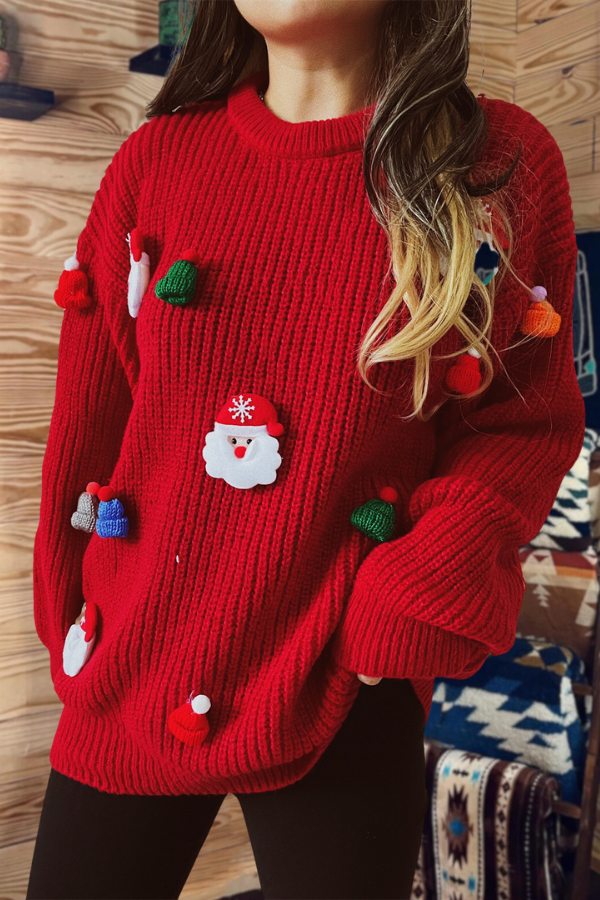 Cute Santa Steric Decorated Knit Pullover Sweater