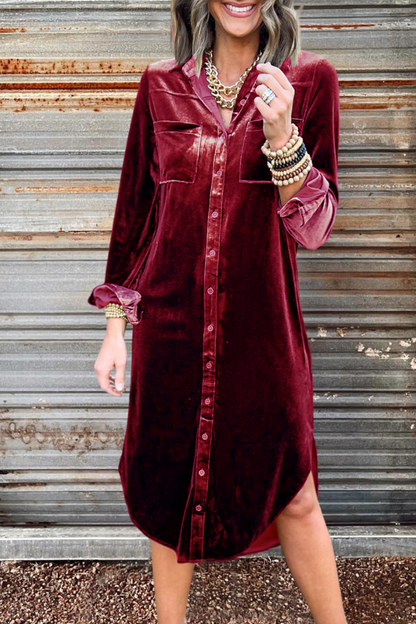 Velvet Button Down Long Shirt Dress