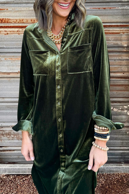 Velvet Button Down Long Shirt Dress