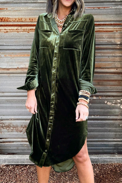 Velvet Button Down Long Shirt Dress