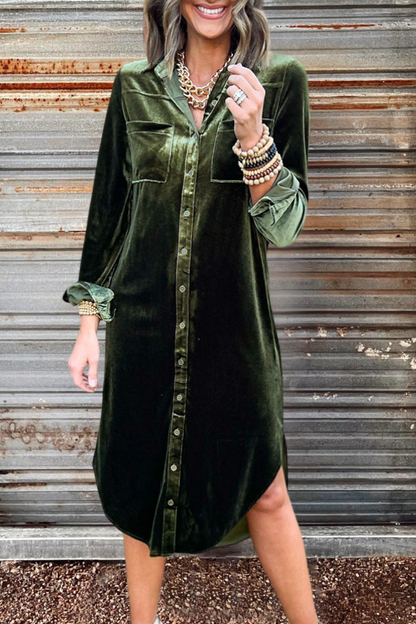 Velvet Button Down Long Shirt Dress