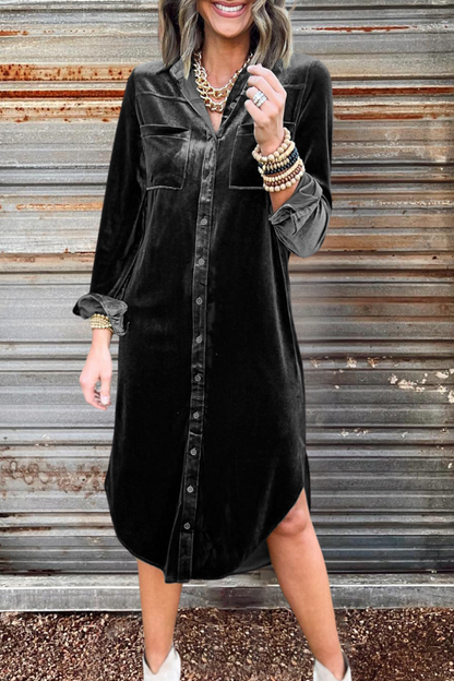 Velvet Button Down Long Shirt Dress