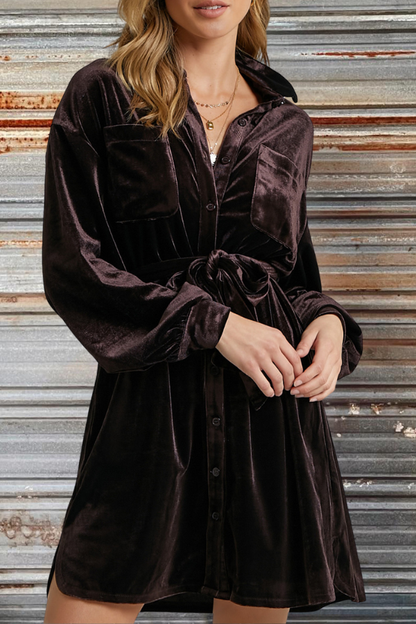 Collared Button Down Velvet Shirt Dress