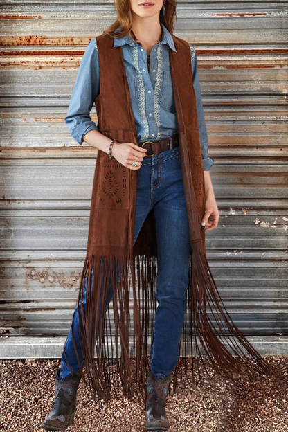 Sleeveless Cowgirl Long Fringe Cardigan