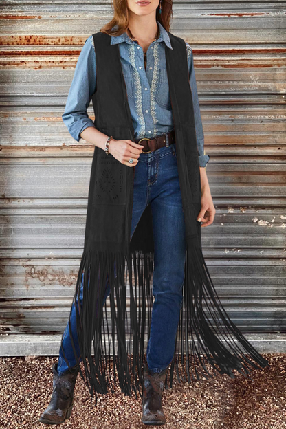 Sleeveless Cowgirl Long Fringe Cardigan