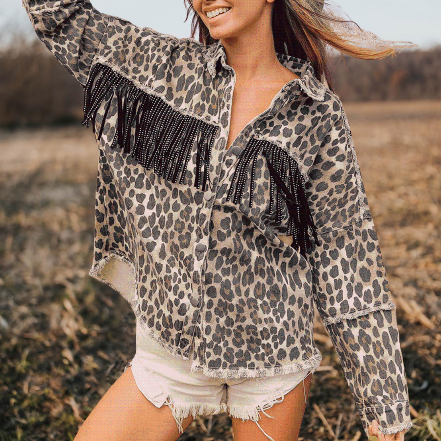 Leopard Printed Fringe Denim Jacket