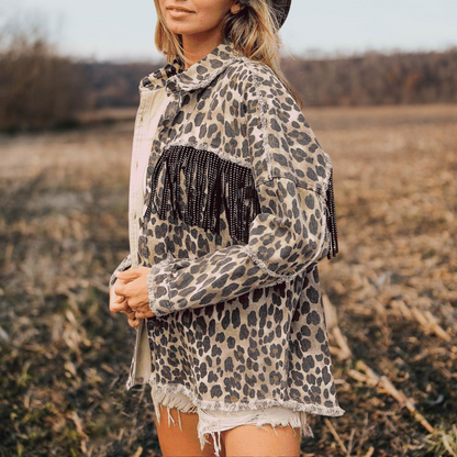 Leopard Printed Fringe Denim Jacket