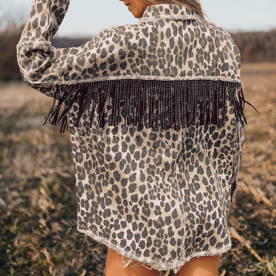 Leopard Printed Fringe Denim Jacket