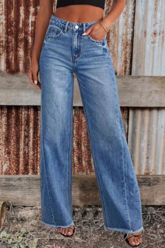 Loose Wide Leg Frayed Hem Jeans