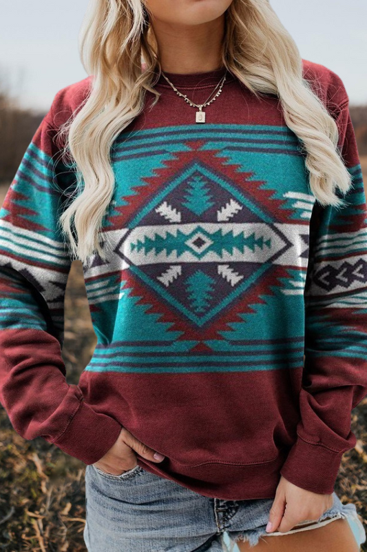 Western Ethnic Geometric Print Sweatshirt