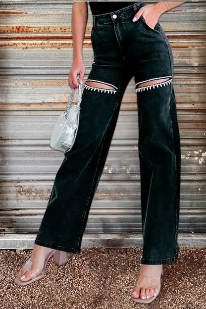 Rhinestone Slit-Front Wide Leg Jeans