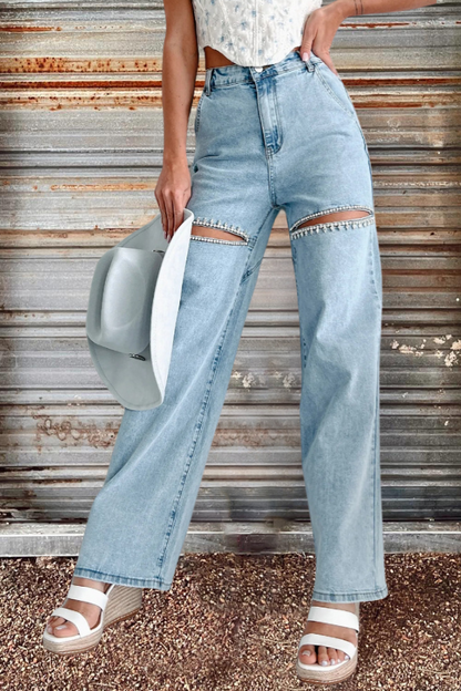 Rhinestone Slit-Front Wide Leg Jeans