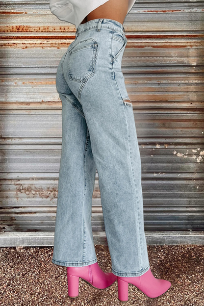 Rhinestone Slit-Front Wide Leg Jeans