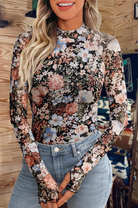 Floral Print Mesh Bottoming Top