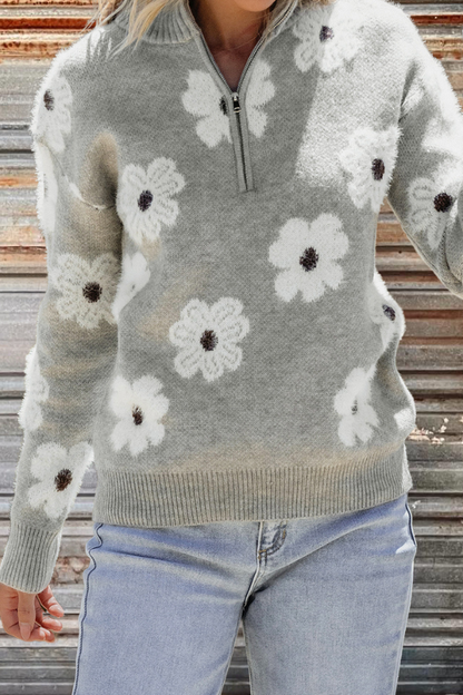 Fall Floral Half Zip Pullover Sweater