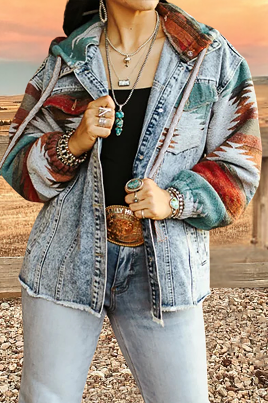 Aztec Print Patchwork Denim Jacket