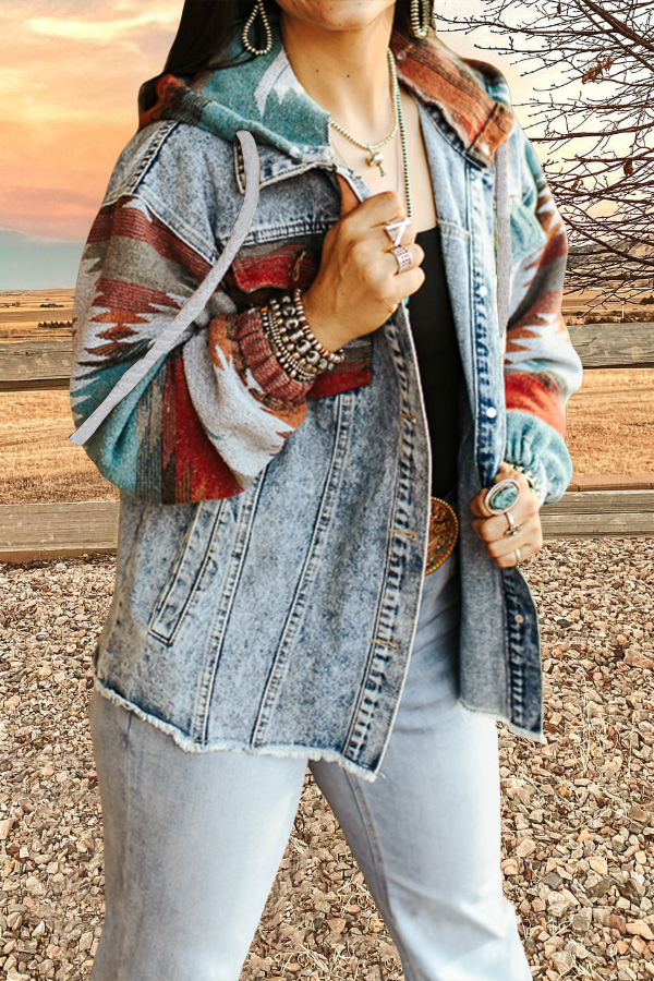 Aztec Print Patchwork Denim Jacket