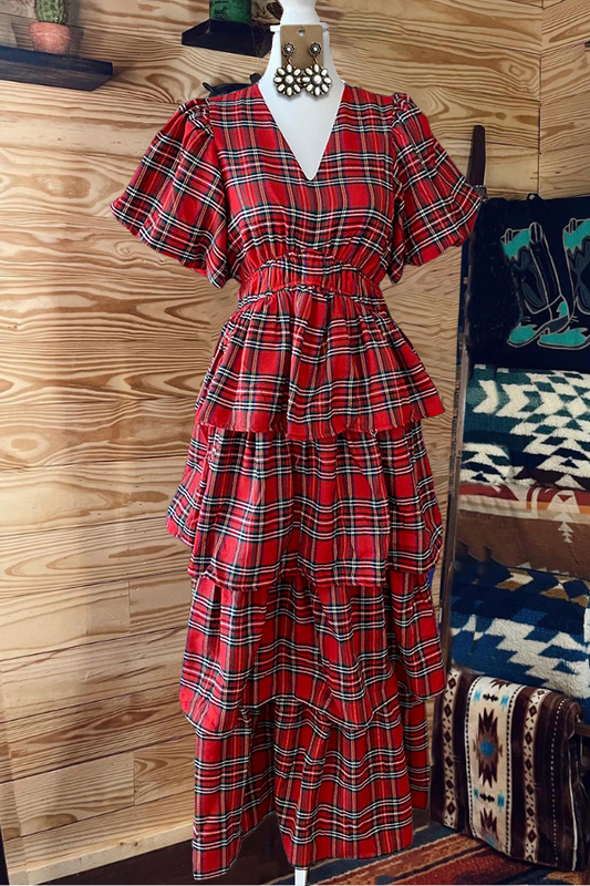 Checkered Puff Sleeve Layered Ruffle Dress