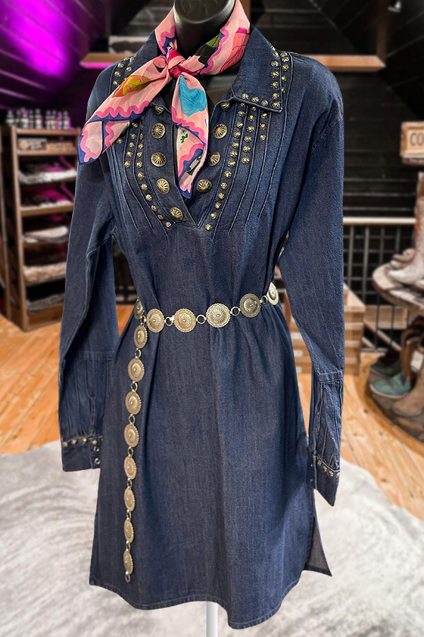 V-Neck Studded Denim Dress