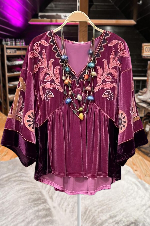 V-Neck Printed Velvet Top