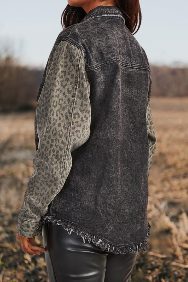 Leopard Denim Patchwork Raw Hem Jacket