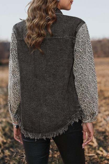 Leopard Denim Patchwork Raw Hem Jacket