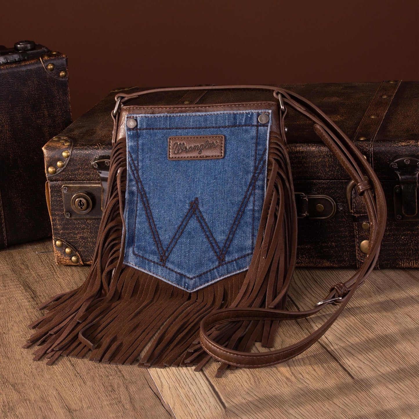 Wrangler Leather Fringe Jean Denim Pocket Crossbody