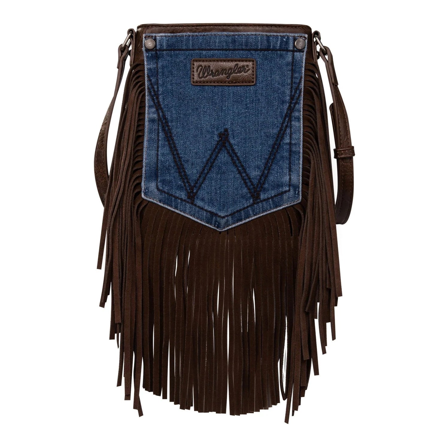 Wrangler Leather Fringe Jean Denim Pocket Crossbody