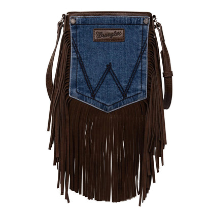 Wrangler Leather Fringe Jean Denim Pocket Crossbody